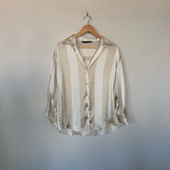 ZARA SATIN OVERSIZED Striped Flowy V-Ndck Button Up SHIRT SAND BEIGE 2562/162 - Picture 4 of 13